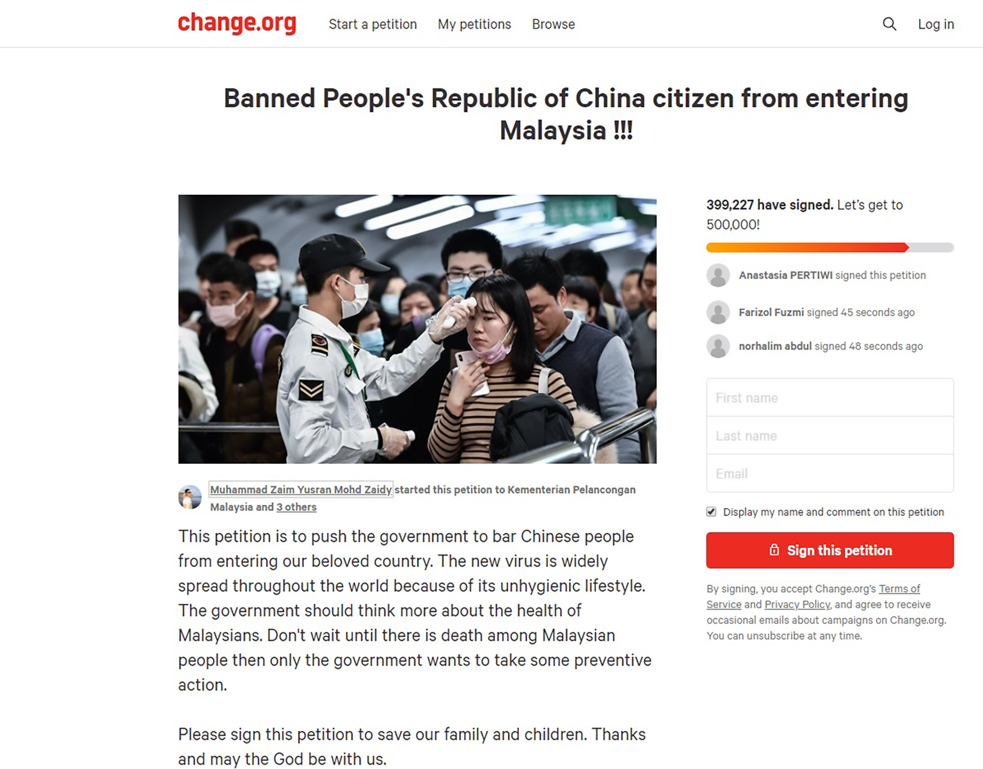 Read more about the article Petition To Stop Chinese Visiting Malaysia Hits 400K