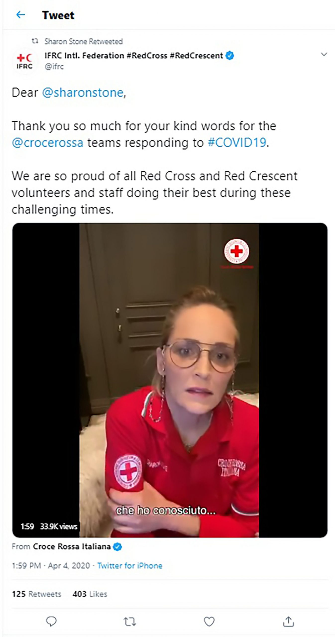 Read more about the article Sharon Stone Sends Support Message To Italian Red Cross