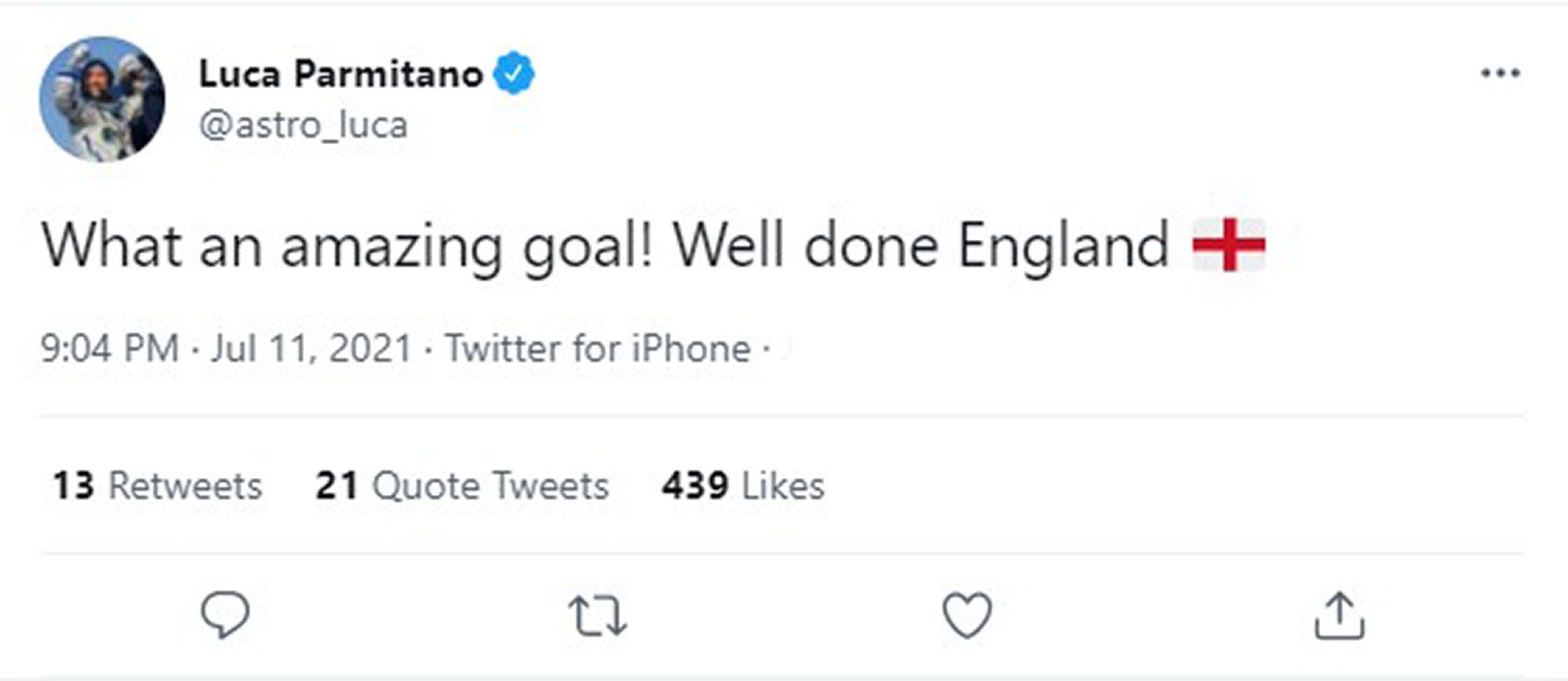 Read more about the article Italian Astronaut Slammed By Netizens After Celebrating Englands Early Goal