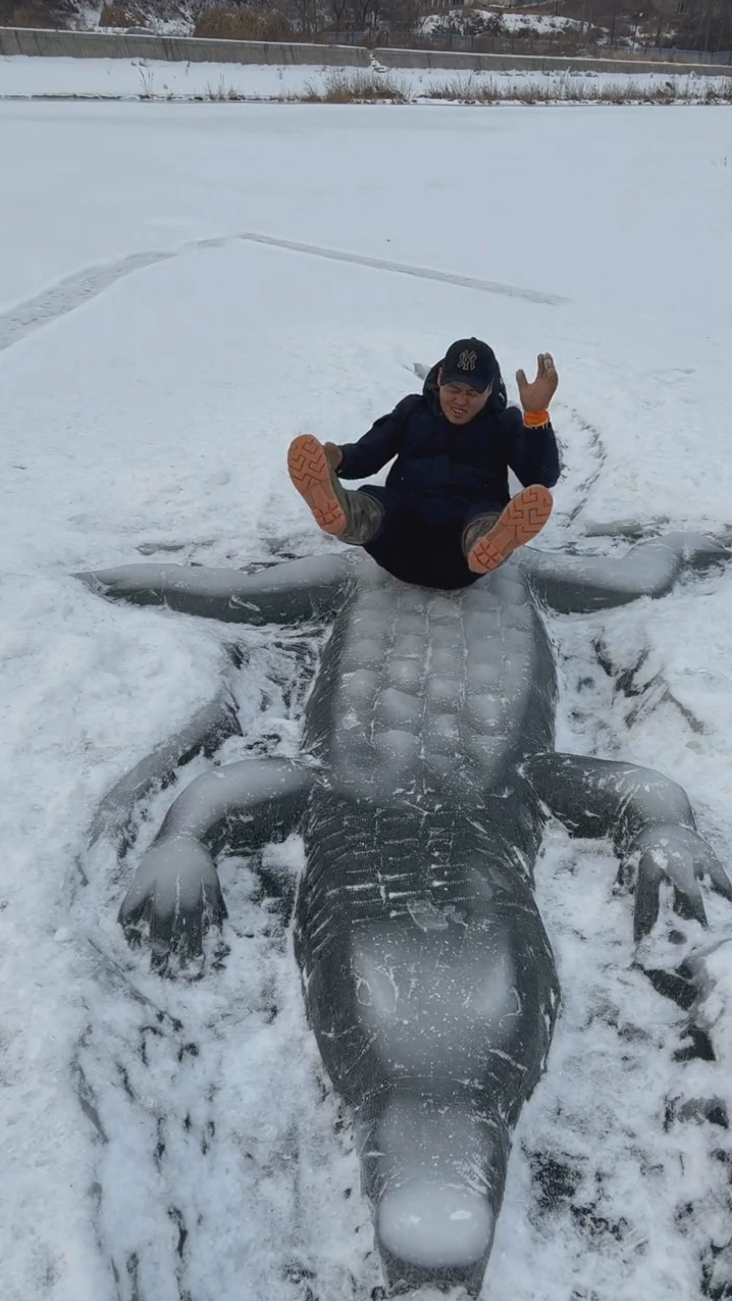 Read more about the article Brave Farmer Carves Crocodile And Dolphin In Ice Over Fast-Flowing River