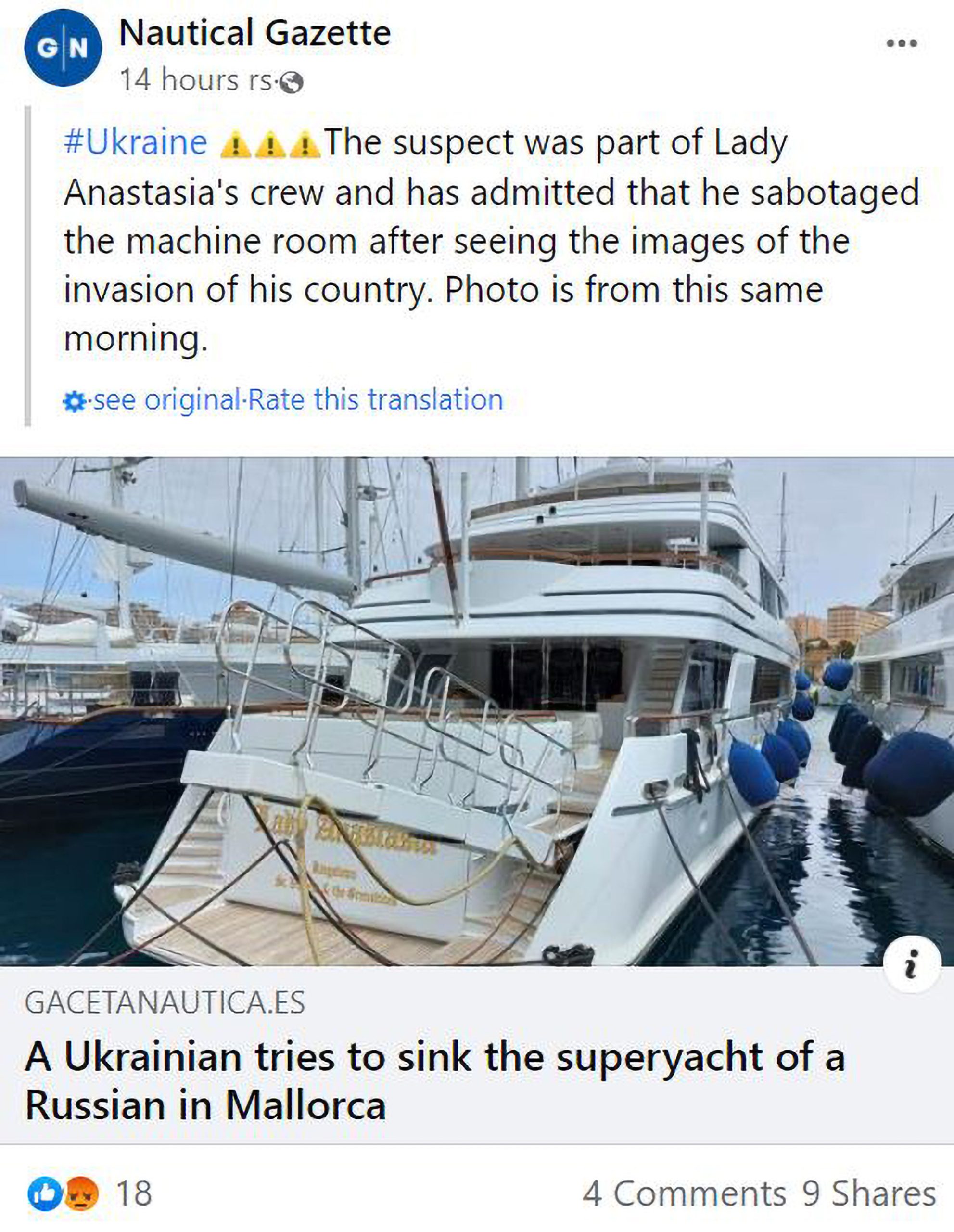 Read more about the article Ukrainian Sailor Tries To Sink His Russian Oligarch Boss Yacht In Majorca After Madman Putin Invades