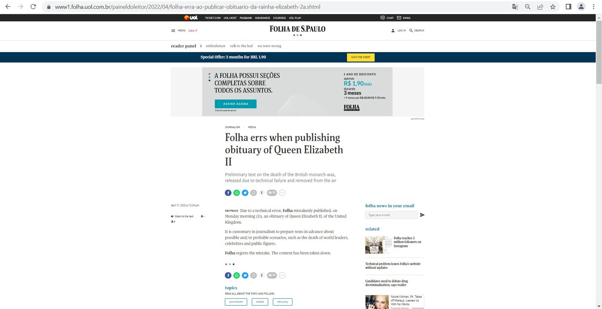 Read more about the article KILL-A QUEEN: Brazilian Paper Gaffe Kills Off Queen Elizabeth
