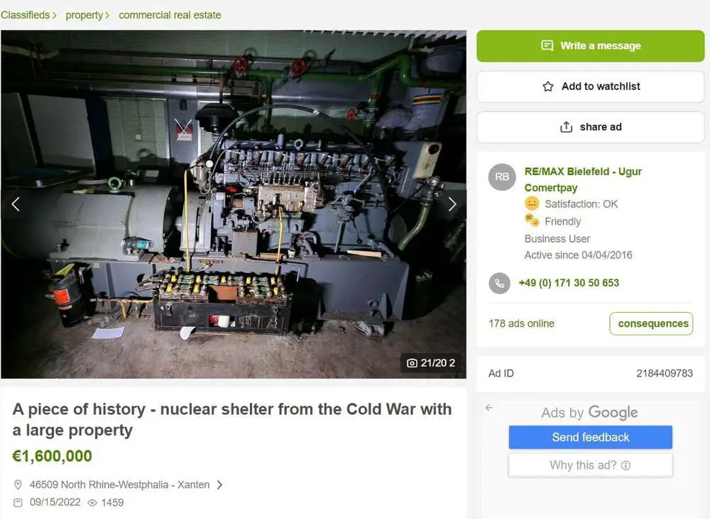 Read more about the article APOCALYPSE SURVIVAL SHELTER: German Cold War Nuclear Fallout Bunker For Sale On eBay For EUR 1.6 Million