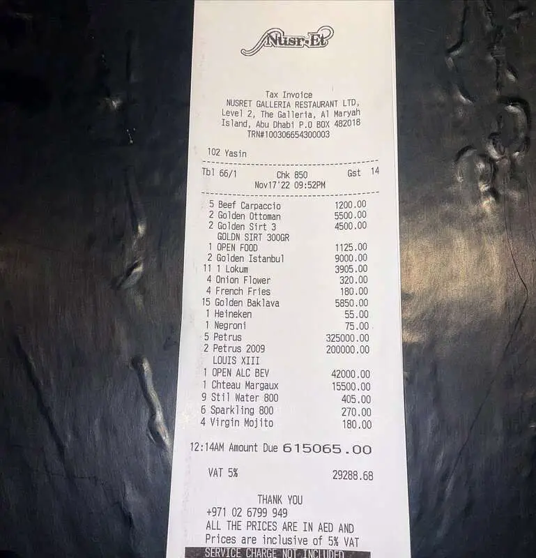 Read more about the article ‘QUALITY NEVER EXPENSIVE’: Salt Bae Shares GBP 140,000 Bill From His Restaurant In Abu Dhabi Causing Outrage