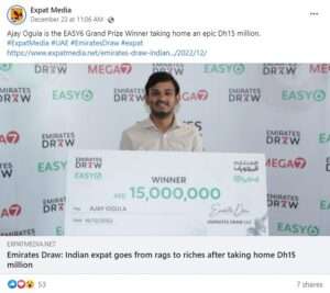Read more about the article BEGINNER’S LUCK: Indian Driver In Dubai Wins More Than GBP 3.3 Million With First-Ever Lottery Ticket