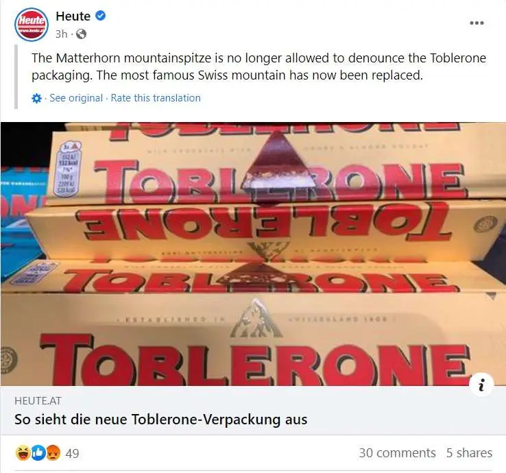 Read more about the article  Fury As First Toblerone Bars Without Matterhorn Go On Sale