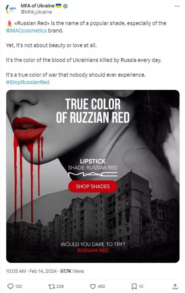 Read more about the article Ukraine Says Cosmetics Company Should Ban ‘Russian Red’ Lipstick